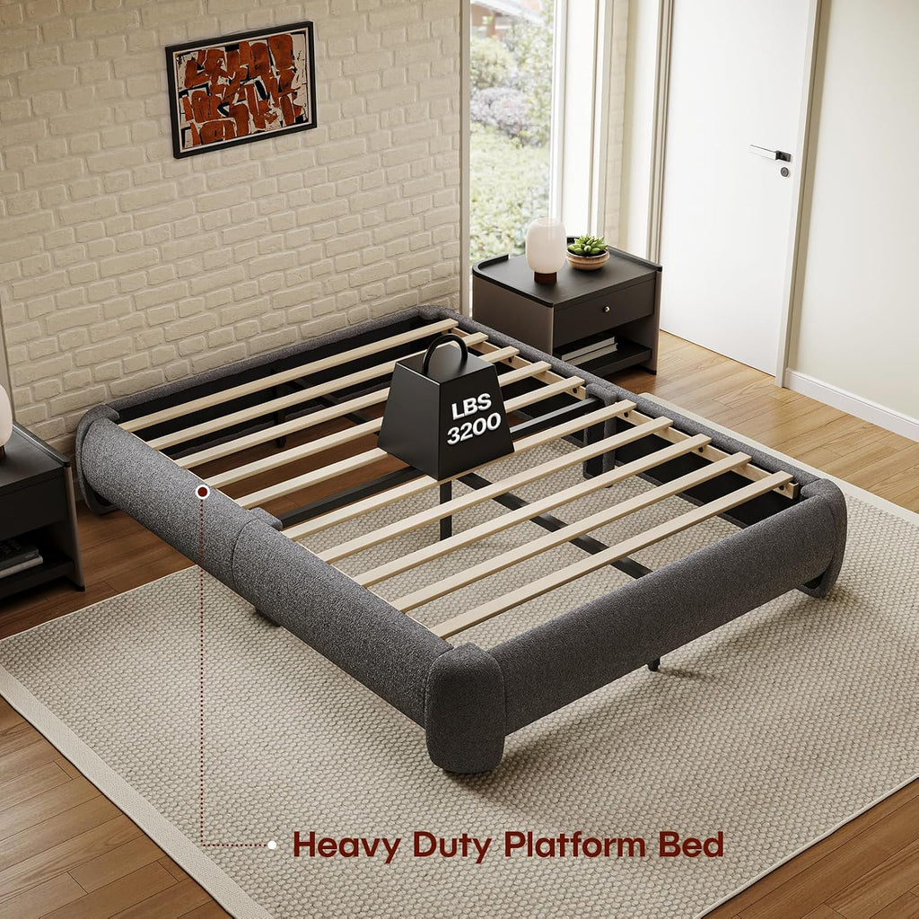 Cloud Full Size Platform Bed Frame, Soft Boucle Bed Frame with Round Corner, Upholstered Bedframe Full with Heavy Duty Wood Slat, No Box Spring Needed, Easy Assembly, Grey
