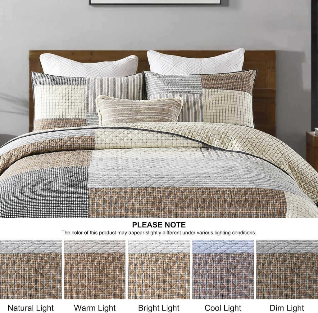 Quilts Queen Size - Queen Quilt Bedspread, 100% Cotton Patchwork Quilt Bedding Set for Queen Bed, 3 Pieces Plaid Farmhouse Reversible Rustic Lightweight Comforter Spread, Brown/Beige/Gray