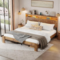Wooden Bed Frame King Size with Storage Headboard, Rustic Platform Bedframe with LED Lights & Charging Station, Metal Slats Support, Noise-Free, No Box Spring Needed, Brown