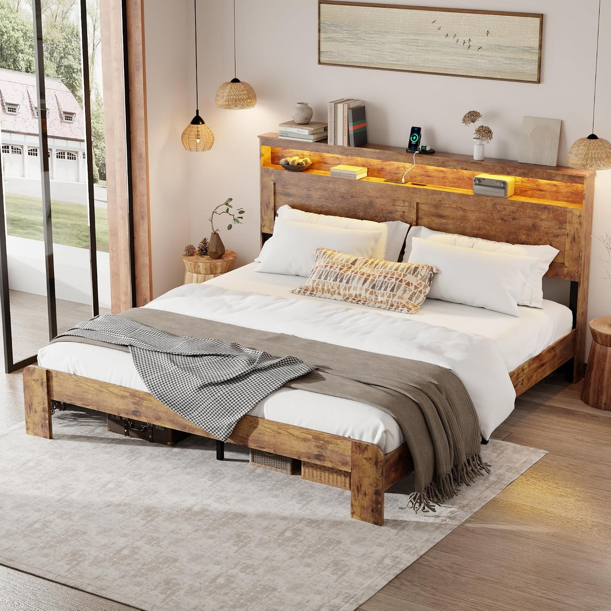 Wooden Bed Frame King Size with Storage Headboard, Rustic Platform Bedframe with LED Lights & Charging Station, Metal Slats Support, Noise-Free, No Box Spring Needed, Brown