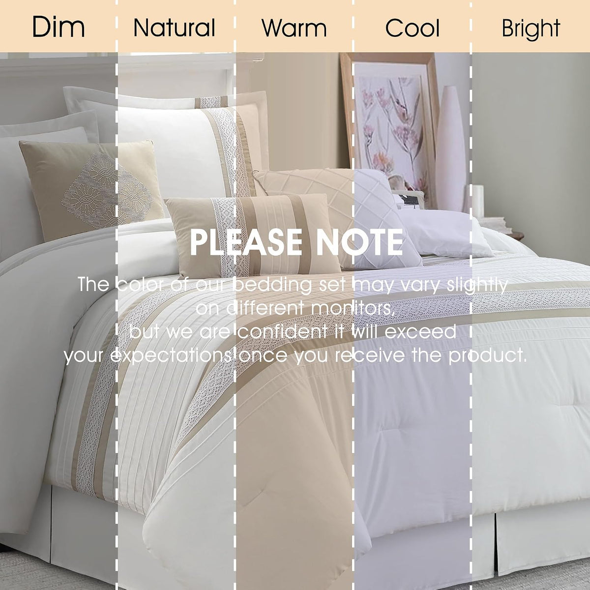 LANCO MODERN LIFESTYLE 7 Piece Comforter Set, Taupe White, California King, Boho Style Geometric Microfiber Embroidery, Bed in a Bag with Bedskirt, Pillow Shams and Decor Pillows