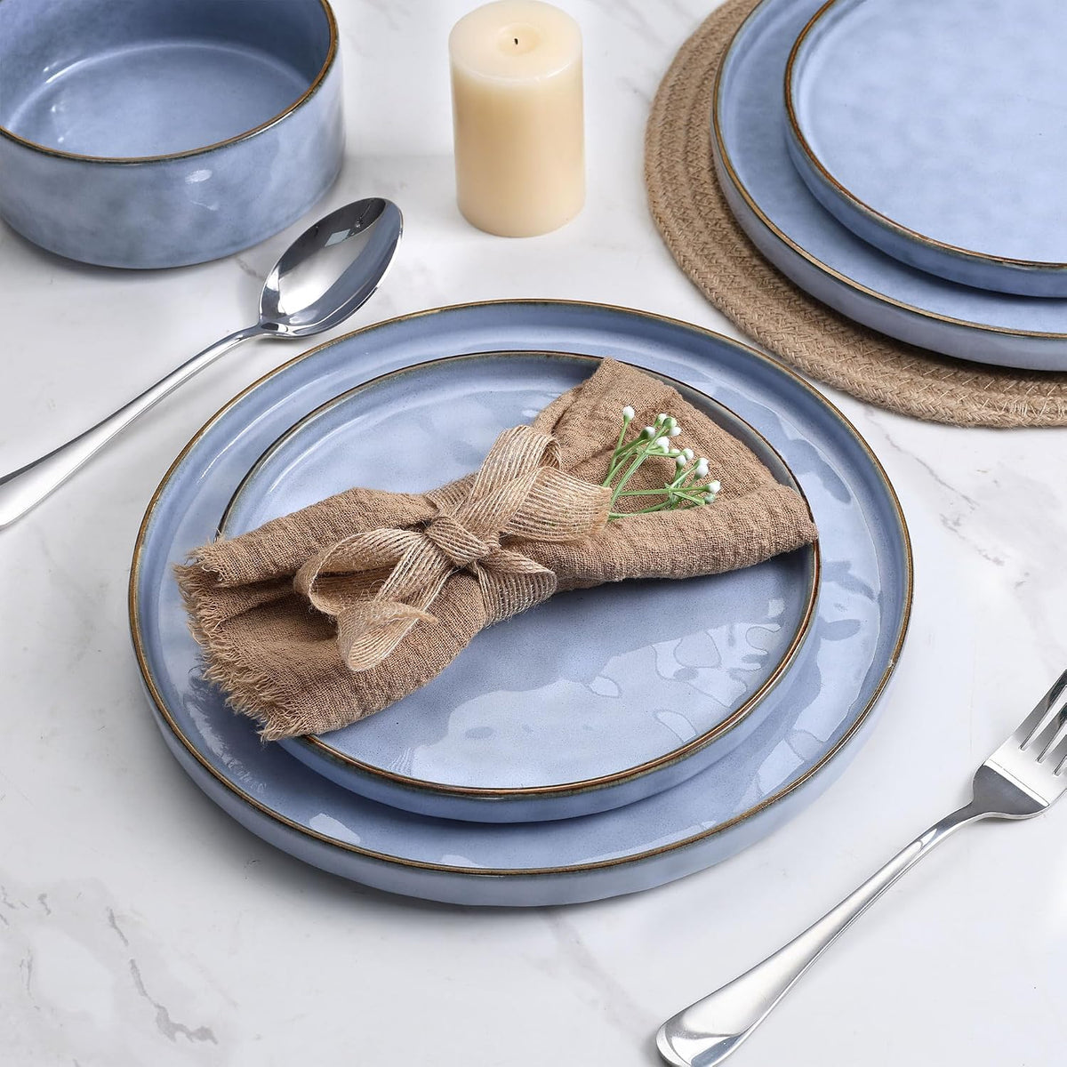 LIANYU 24 Pcs Plates and Bowls Dinnerware Sets for 8, Stoneware Dinner Dish Set, Dishware for Dessert Salad Pasta, Microwave & Dishwasher Safe, Serenity Blue