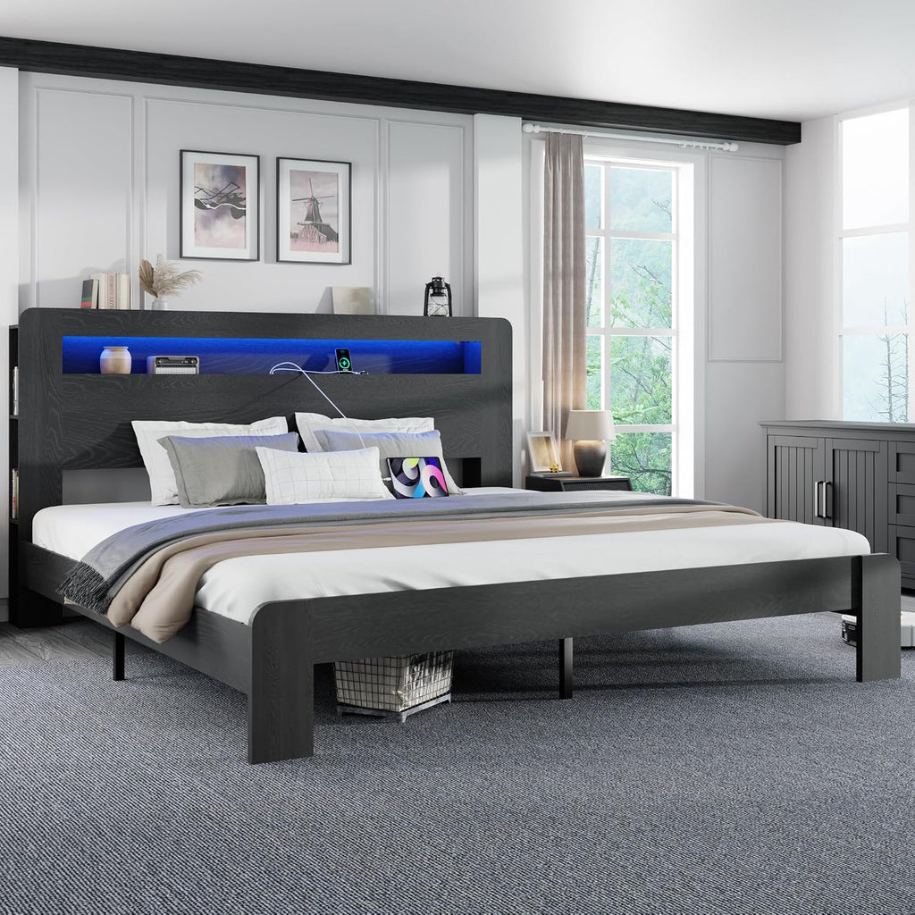 King Size Wooden Bed Frame with Bookcace Storage Headboard, Rustic Farmhouse Bedframe with LED Lights and Charging Station, Sturdy and Stable, Slat Support, No Box Spring Required (Black, King)