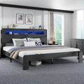 King Size Wooden Bed Frame with Bookcace Storage Headboard, Rustic Farmhouse Bedframe with LED Lights and Charging Station, Sturdy and Stable, Slat Support, No Box Spring Required (Black, King)