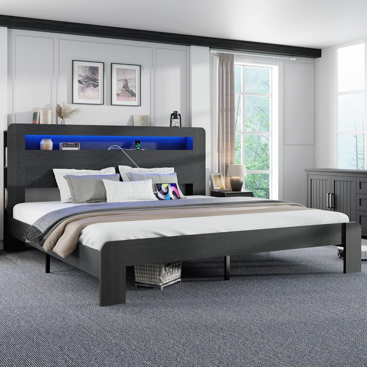 King Size Wooden Bed Frame with Bookcace Storage Headboard, Rustic Farmhouse Bedframe with LED Lights and Charging Station, Sturdy and Stable, Slat Support, No Box Spring Required (Black, King)