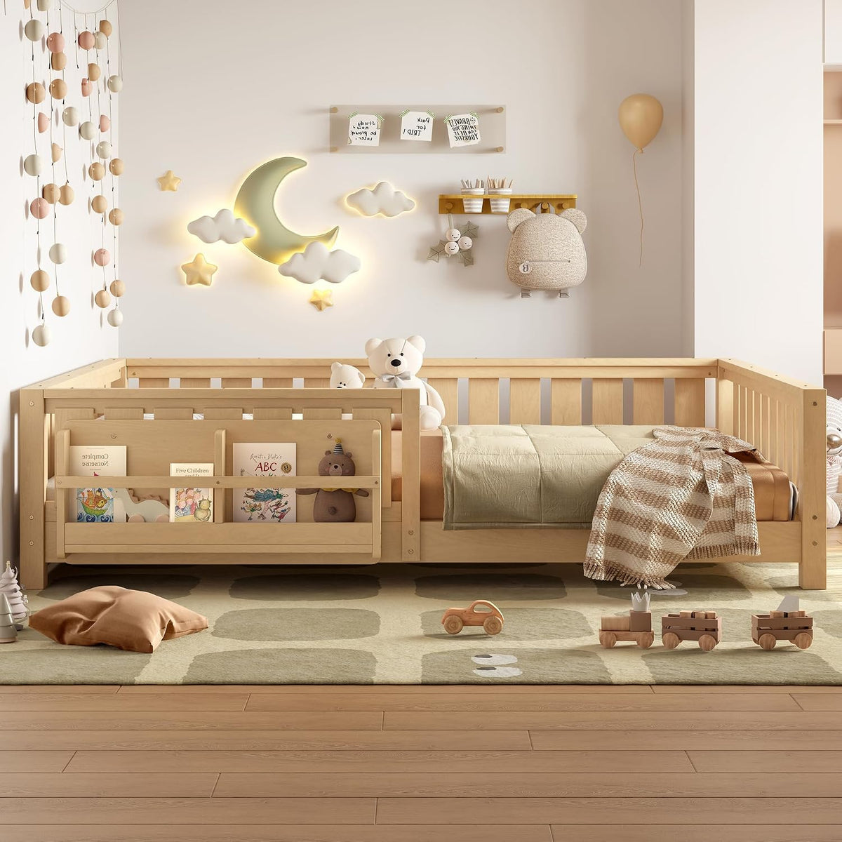 Bellemave Queen Size Floor Bed with Slats and Safety Guardrail, Queen Size Montessori Floor Bed with Fence and Built-in Bookshelf, Easy Assemble Montessori Beds for Girls, Boys, Light Natural