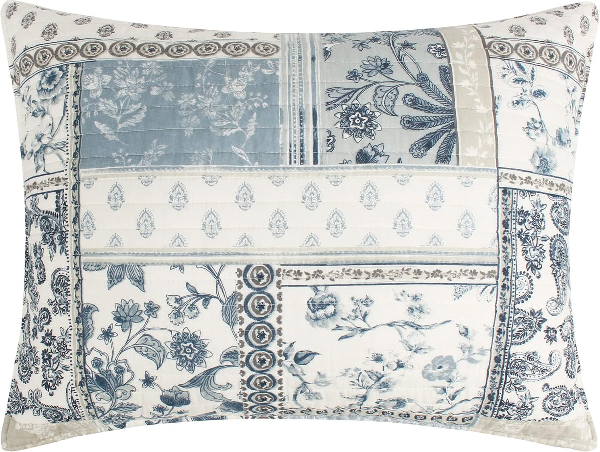 Levtex Home - Aliza Quilt Set - Full/Queen Quilt and Two Standard Shams - Printed Patchwork - Blue, Navy, Taupe and Cream - Quilt (88x92in.) and Shams (20x26in.) - Reversible - Cotton