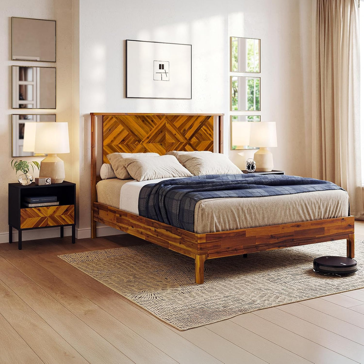 Bme Ethan Queen Bed Frame with Diamond Headboard, Mid Modern, Solid Acacia Wood, No Box Spring Needed, Fits All Mattresses, Rustic Caramel