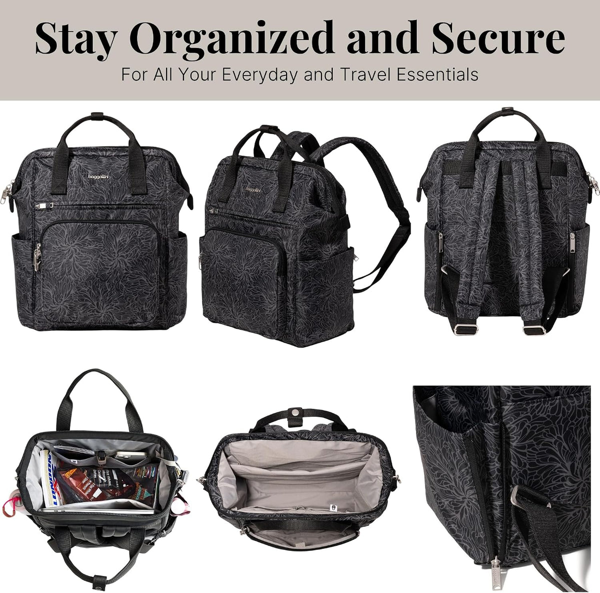 Baggallini Securtex Anti-Theft Windsor Backpack for Travel, Work & College, RFID & Locking Zipper, Up to 16' Laptop