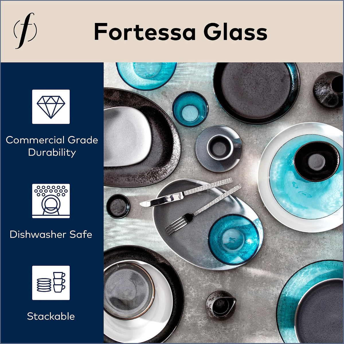 FORTESSA Los Cabos Tableware, 16-Piece Glass Dinnerware Set with 4 Dinner Plates, 4 Salad Plates, 4 Coupe Bowls and 4 Cereal Bowls, Dishwasher-Safe Glass Plate Set, Lagoon Blue