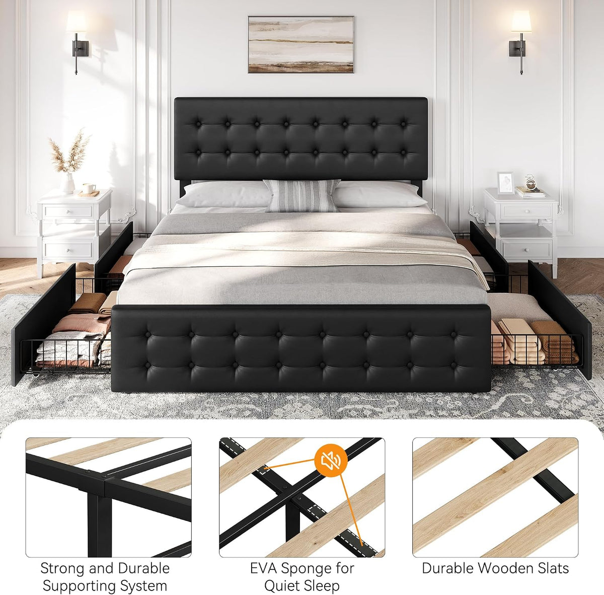GarveeHome King Size Bed Frame with 4 Storage Drawers and Faux Leather Upholstered Headboard, Wooden Slats Support, Button Tufted Design, No Box Spring Needed, Black