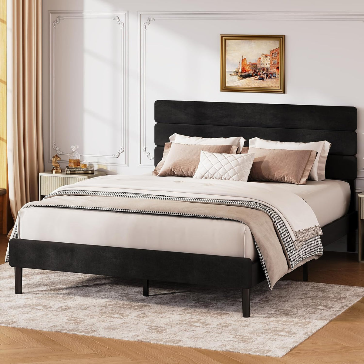 WLIVE Upholstered Bed Frame, Queen Bed Frame with Headboard, Platform Bed with Wood Slats, 1500LBS Mattress Foundation, No Box Spring Needed, Easy Assembly, Velvet Black