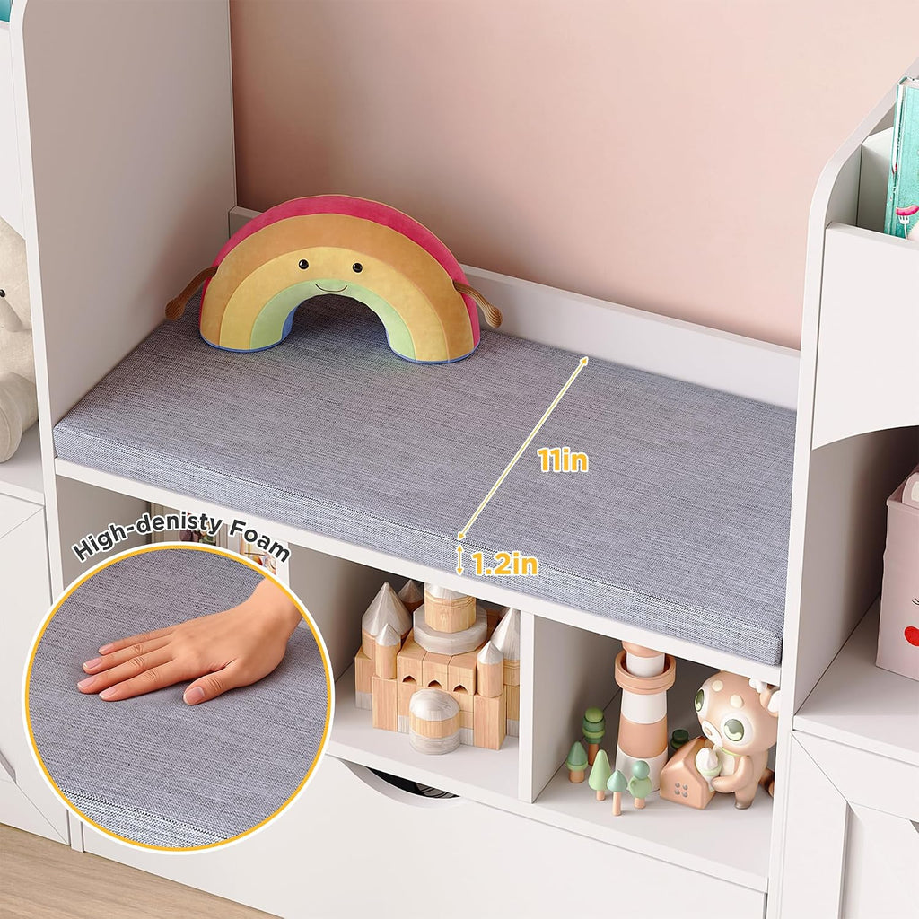 Vabches 54.3'' Kids Bookshelf with Reading Nook, Toy Storage Organizer with Seat Cushion, LED Lights and 3 Movable Drawers, Castle-Shaped Bookcase with Bench for Playroom, Nursery, Bedroom (White)