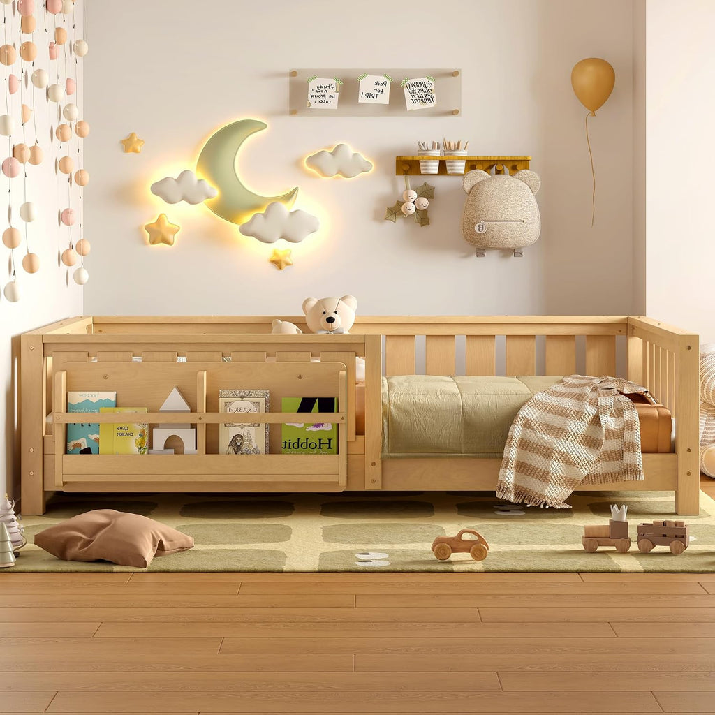 Bellemave Twin Floor Bed with Slats and Safety Guardrail, Twin Size Montessori Floor Bed with Fence and Built-in Bookshelf, Easy Assemble Montessori Beds for Kids, Girls, Boys, Light Natural