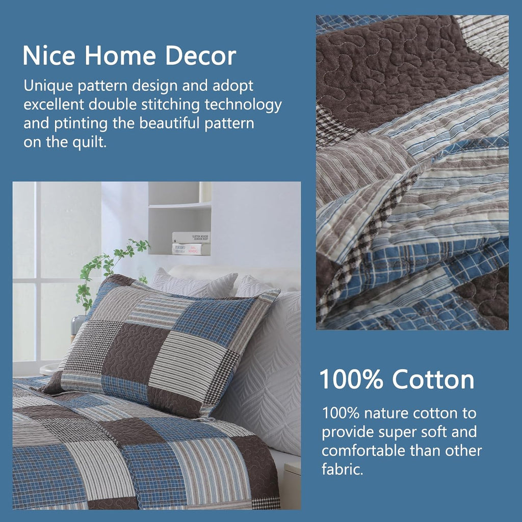 Finlonte Quilt King Size - 100% Cotton Plaid King Size Comforter Set Farmhouse Modern Quilt Bedding Set, Reversible Lightweight Soft Bedspread, Blue Brown Quilted Coverlet All-Season, 3-Piece