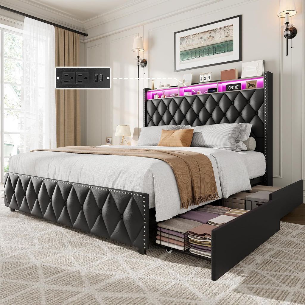 IDEALHOUSE Queen Bed Frame with 50.8' Tall Headboard and 4 Storage Drawers, Platform Leather Upholstered Bed Frame with Charging Station, Led Lights, No Box Spring Needed, Easy Assembly, Black