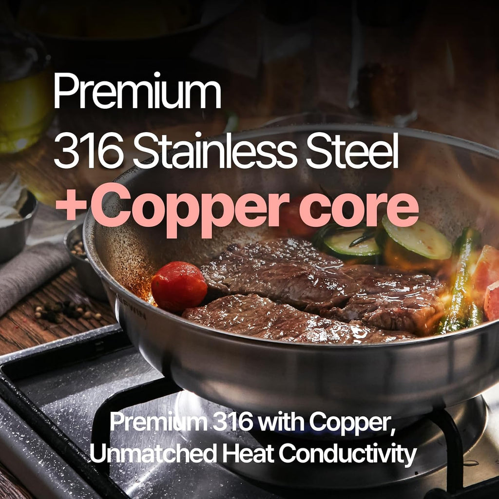 11 Inch Skillet Frying Pan 316 Stainless Steel Copper core 5-Ply Induction compatible Dishwasher & Oven Safe