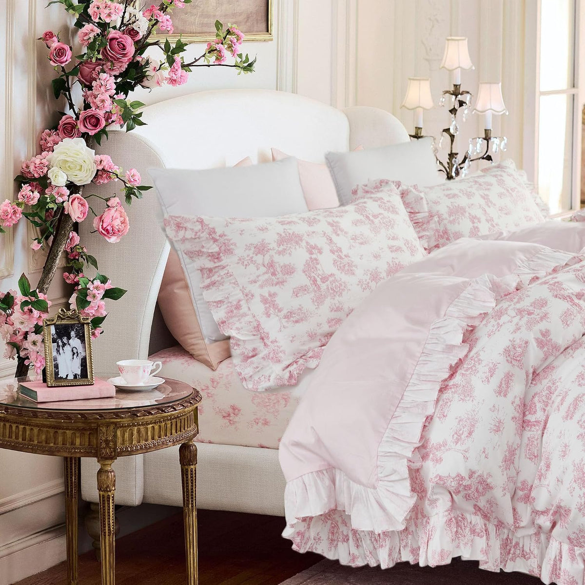Brandream French Country Toile Duvet Quilt Cover King Size 100% Cotton Bedding Set Toile Tapestry Pattern Garden Floral Printed Blossom Tree Branches Delicate Ruffle Fringe Design