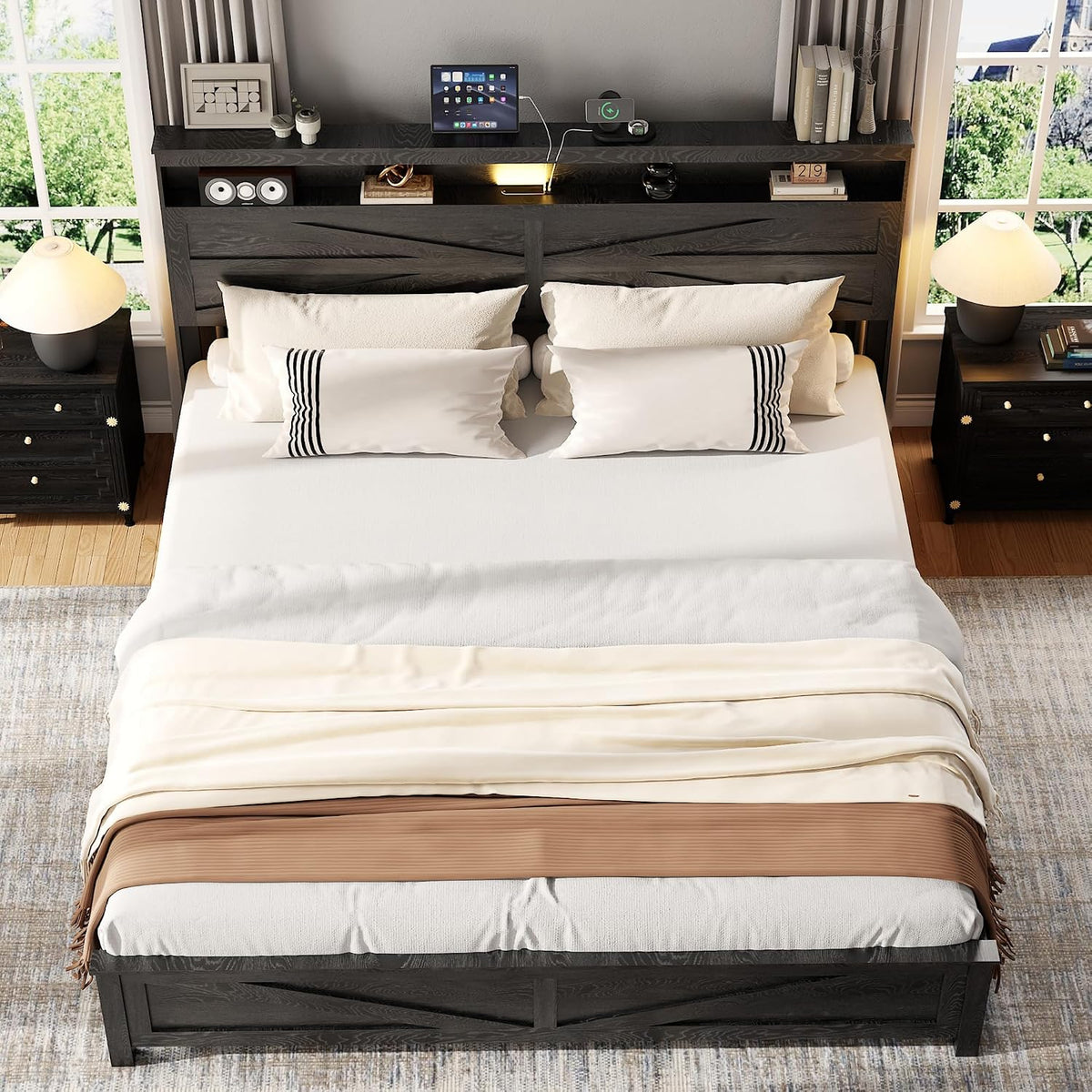Farmhouse King Size Bed Frame with Headboard Storage Shelf, Wood Platform Bed Frame with LED Lights & Charging Station, Rustic Black Metal Bed, No Box Spring Needed, Noise-Free Sturdy Structure