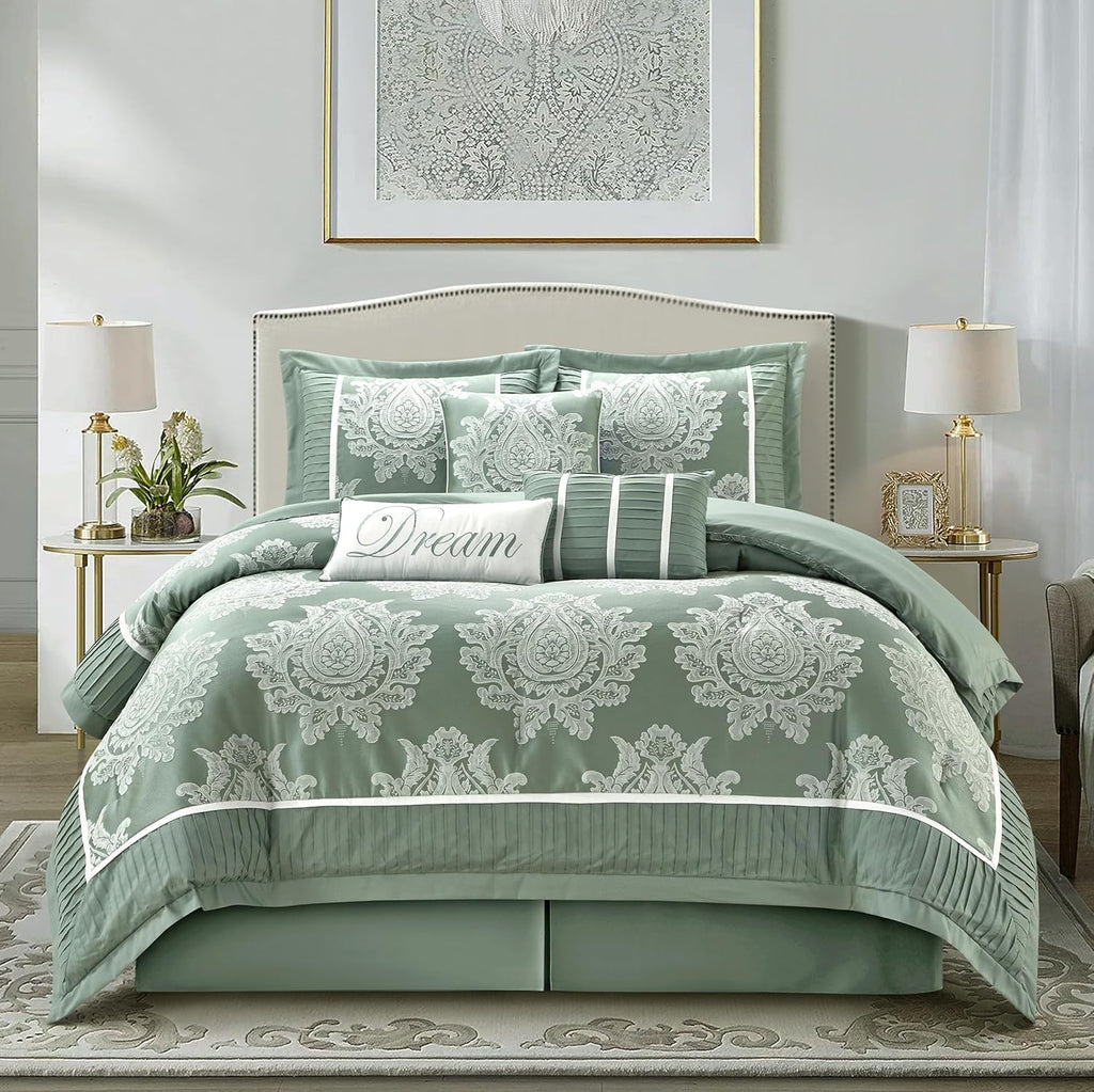 Grand Avenue Sage 7PC Comforter Set Queen Size, Jacquard with Matching Solid Piecework Bedding Set, All Season, Bedskirt, Pillows & Shams