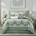Grand Avenue Sage 7PC Comforter Set Queen Size, Jacquard with Matching Solid Piecework Bedding Set, All Season, Bedskirt, Pillows & Shams