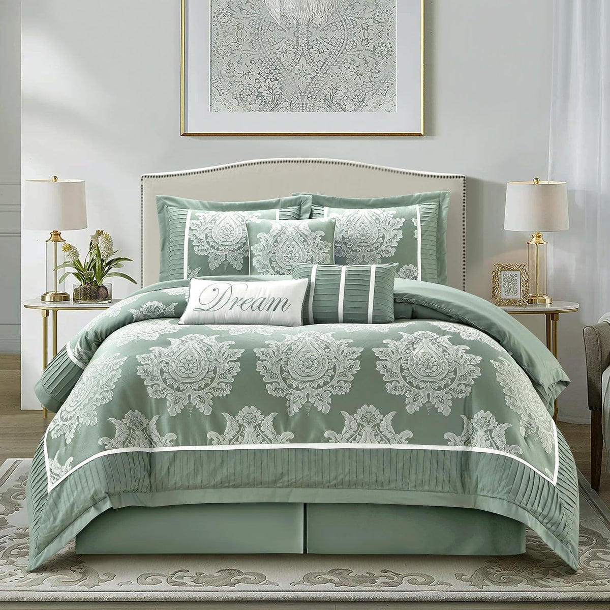 Grand Avenue Sage 7PC Comforter Set Queen Size, Jacquard with Matching Solid Piecework Bedding Set, All Season, Bedskirt, Pillows & Shams