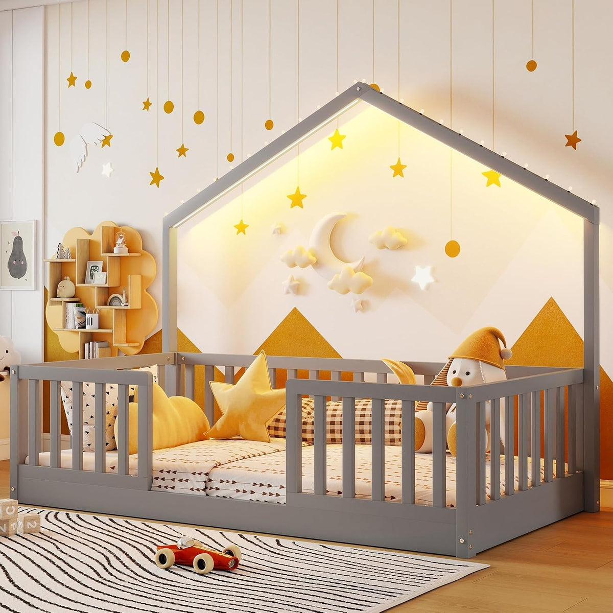 Twin Size House Bed for Kids, Low Profile Montessori Bed Twin with High Railings, Wood House Shape Montessori Beds with Light & Roof for Kids, Gray