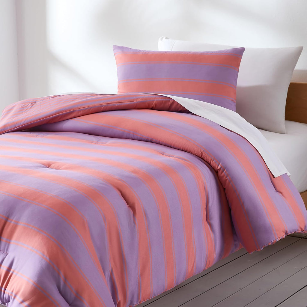 Lush Decor Gale Cabana Stripe? Reversible Comforter 2 Piece Set Twin/Twin XL Coral & Purple - Striped Bedding Set - Kids Pink Comforter - Coastal Dorm Decor