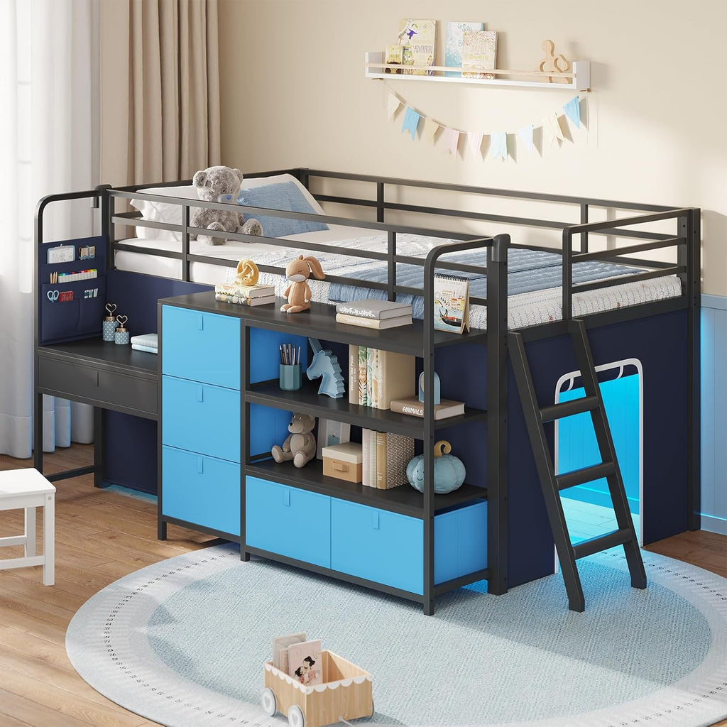 DICTAC Low Loft Bed with Desk and 6 Storage Drawers Twin Loft Bed with Bookshelf,LED Lights & Under-Bed Play Space,Kids Twin Beds with 13.8''H Safety Guardrail,Inclined Ladder&Play Curtain,Blue+Black
