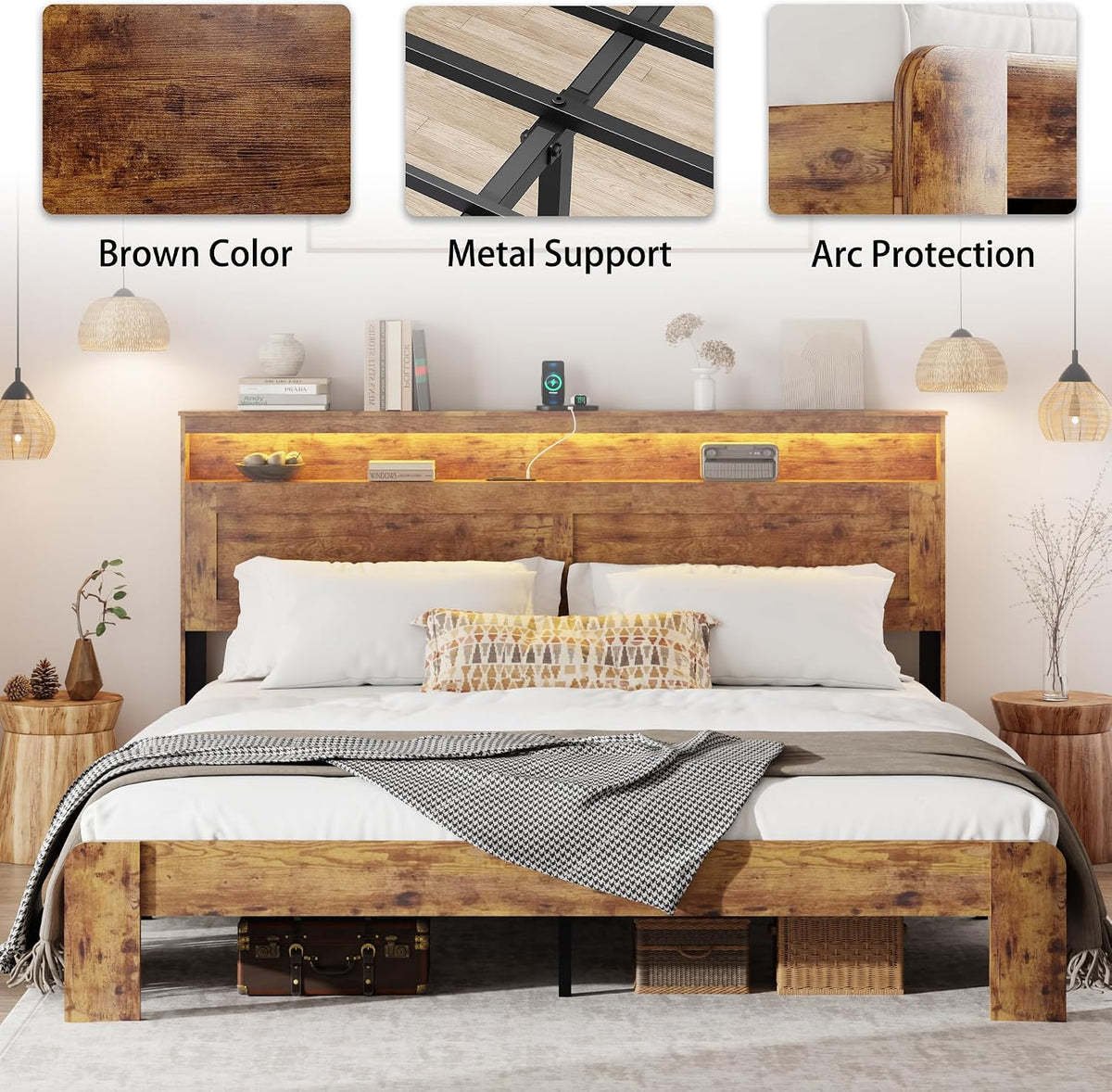 Wooden Bed Frame King Size with Storage Headboard, Rustic Platform Bedframe with LED Lights & Charging Station, Metal Slats Support, Noise-Free, No Box Spring Needed, Brown