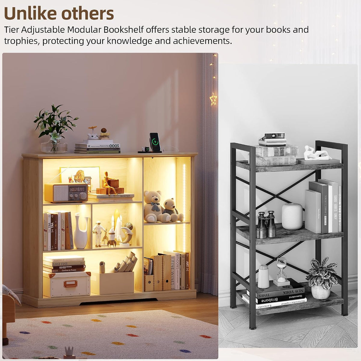 3-Tier LED Bookshelf with Lights - Motion Sensor Bookcase - USB Charging Module - Adjustable Display Shelf for Bedroom Living Room Apartment Home Office - 47.24 W x 40 H - Natural Wood