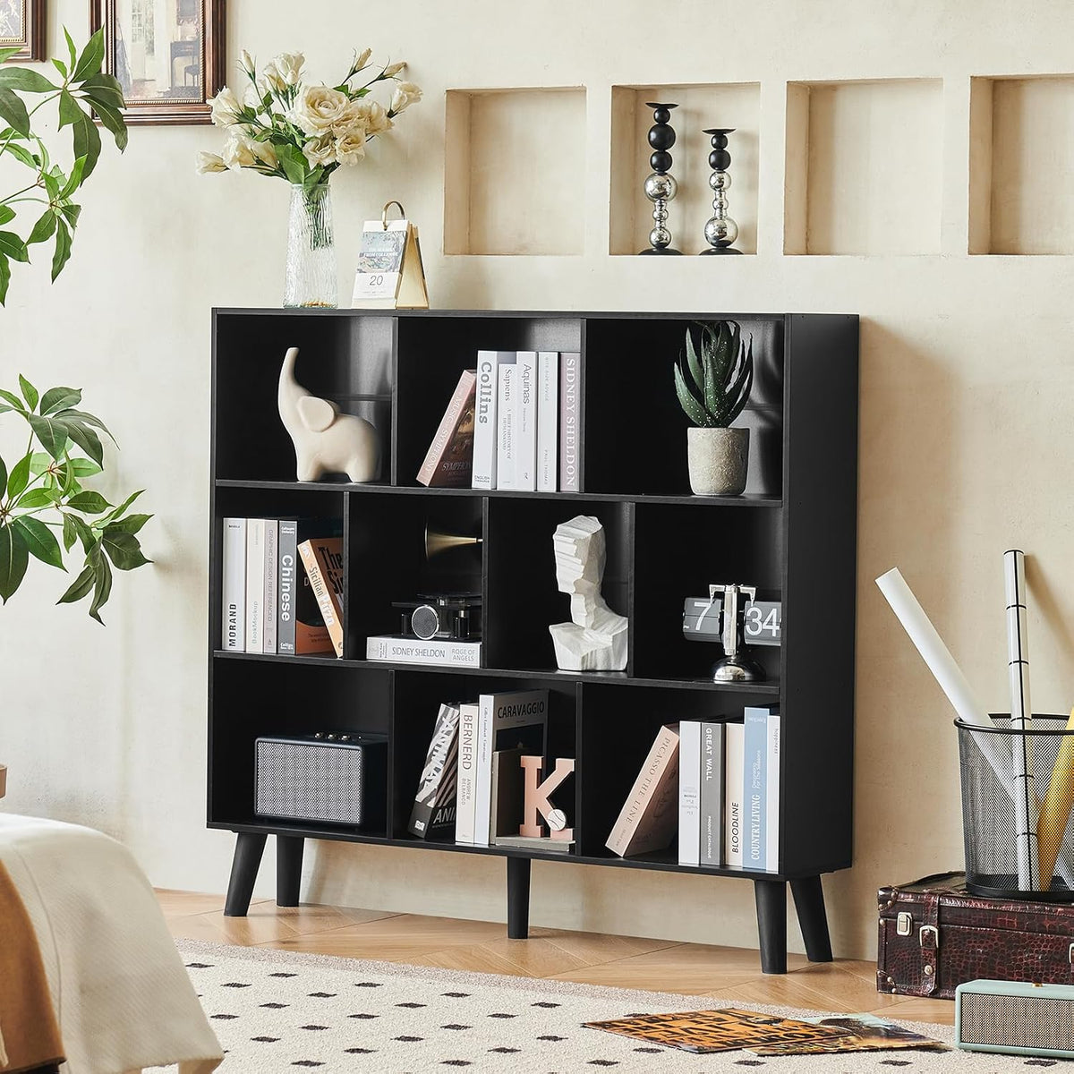 LEYAOYAO 10 Cube Bookshelf,3 Tier Modern Wide Bookcase with Legs,Mid-Century Wood Bookshelves Storage，Black Large Book Case,Freestanding Organizer Display Shelf for Bedroom,Living Room,Office