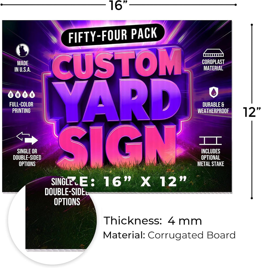 54 Pack, 16x12' Custom Yard Signs with Stakes, Personalized Double Sided Yard Signs Customizable Business Sign, Corrugated Lawn Sign for Outdoor