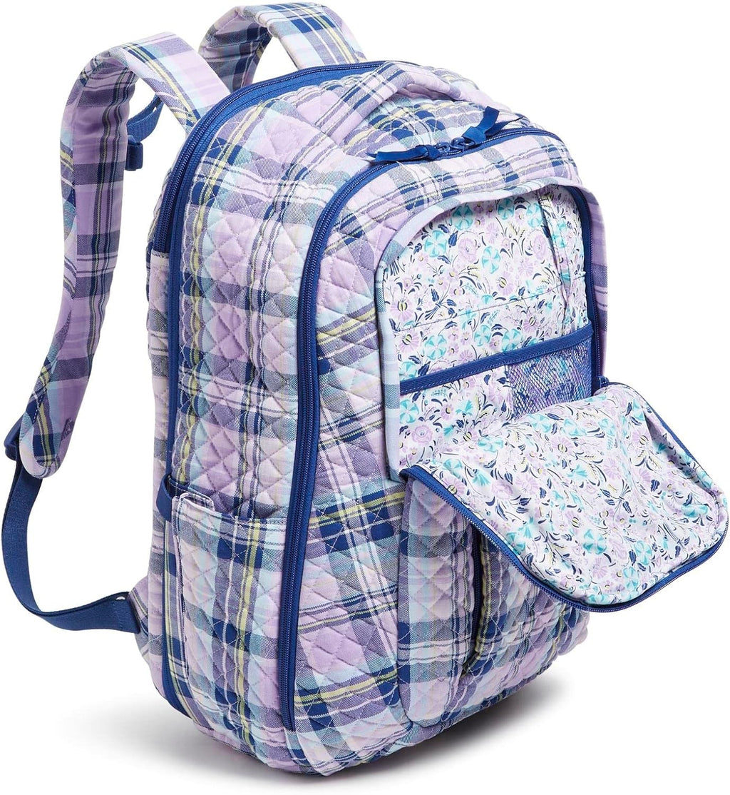 Vera Bradley Women's Cotton Large Travel Backpack Travel Bag, Amethyst Plaid - Recycled Cotton, One Size