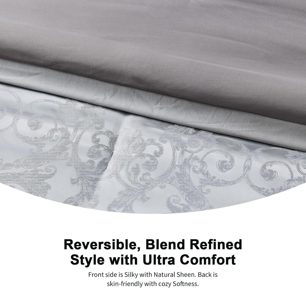 PANGUSHAN 7 Pieces Comforter Set King Size, Luxury Silky Elegant Jacquard Fluffy Reversible Bedding Set with Bed Skirt, Shams and Pillows, Bed in a Bag King, Down Alternative, Silver Gray