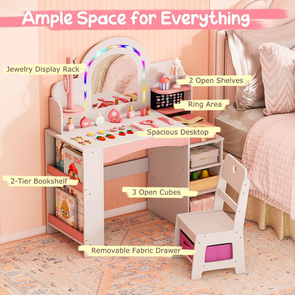Costzon Kids Vanity, Girls Vanity Set with Lighted Mirror, Bookshelf, Jewelry Storage, Toddler Makeup Vanity Desk Dressing Table, Wooden Kids Vanity Table and Chair Set (White)