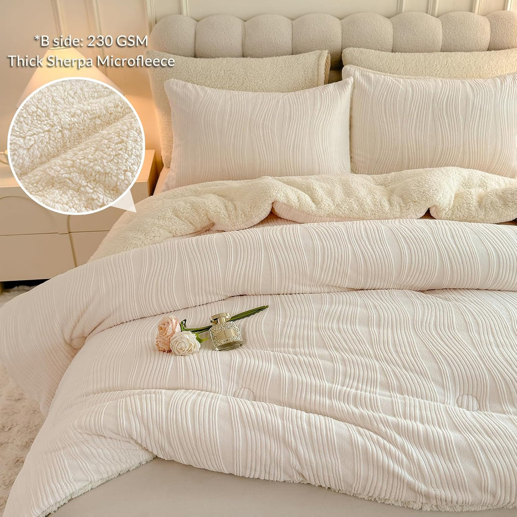 tohrisa 3D Striped Jacquard Sherpa Comforter Set King Size, Geometric Pattern Boho Quilt Bedding 3 Pieces Warm Cozy Fuzzy Comforter with 2 Pillowcases(104'X90' Ivory White)