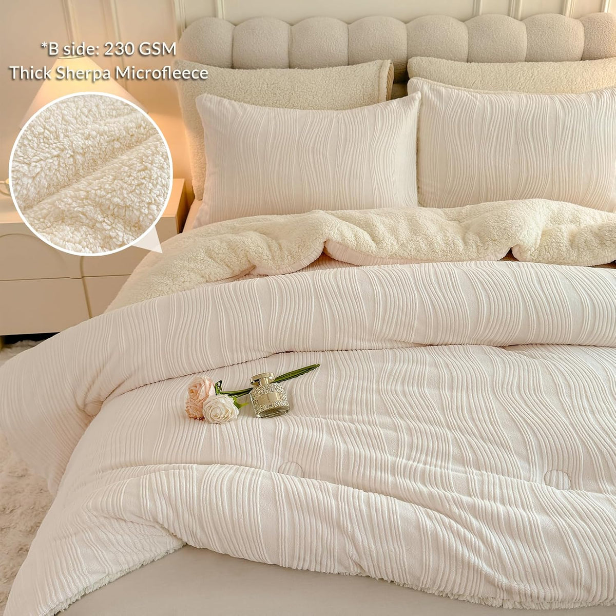 tohrisa 3D Striped Jacquard Sherpa Comforter Set King Size, Geometric Pattern Boho Quilt Bedding 3 Pieces Warm Cozy Fuzzy Comforter with 2 Pillowcases(104'X90' Ivory White)