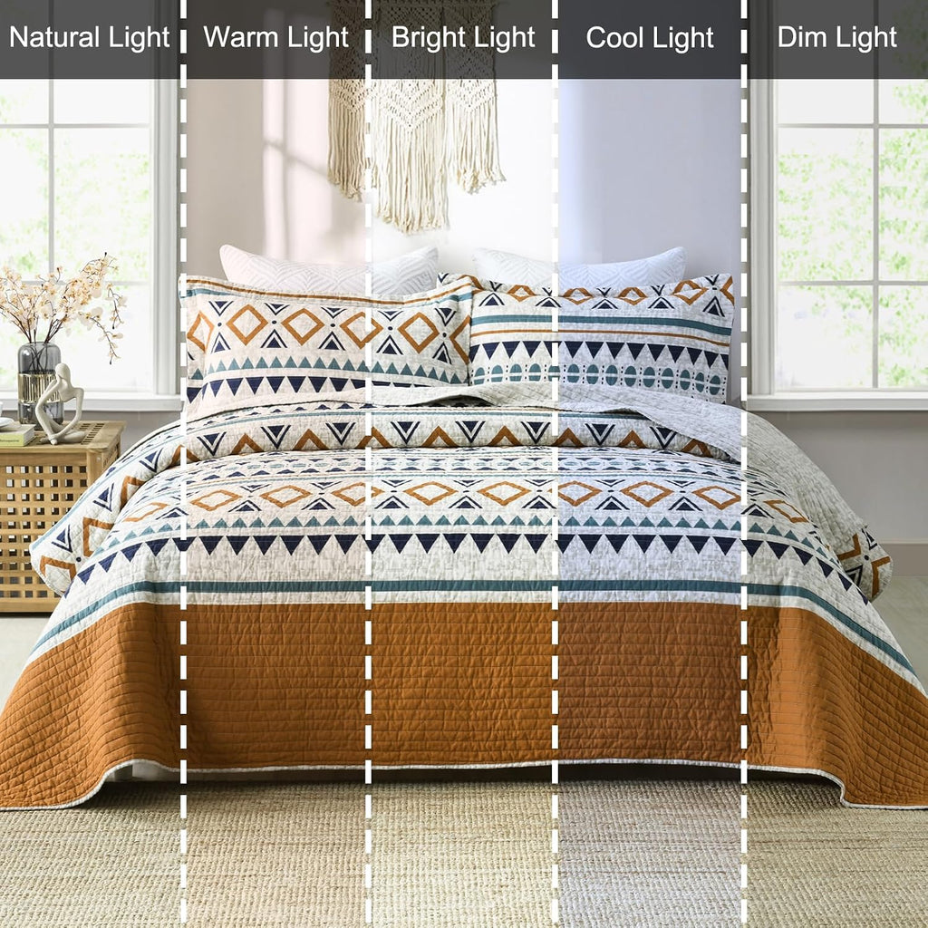 EWlinens Boho King Quilt Set - 100% Cotton Burnt Orange Quilts King Size, Bohemian Blue Lightweight Comforter Bedspread for King Bed, Soft Striped Geometric Quilt Bedding Set for All Season, 3 Pieces