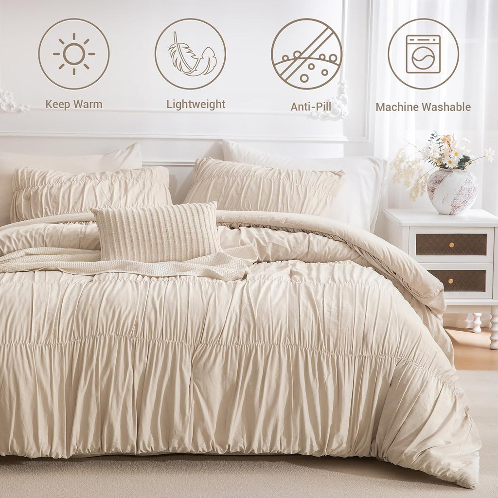 Lady Ann Oversized King Bed Comforter Set- Wheat Ruched Boho 128 x 120 Comforter Set for Bedroom, 3 Piece Fluffy Bedroom Set with Pillow Shams Soft All Season Bed Sets