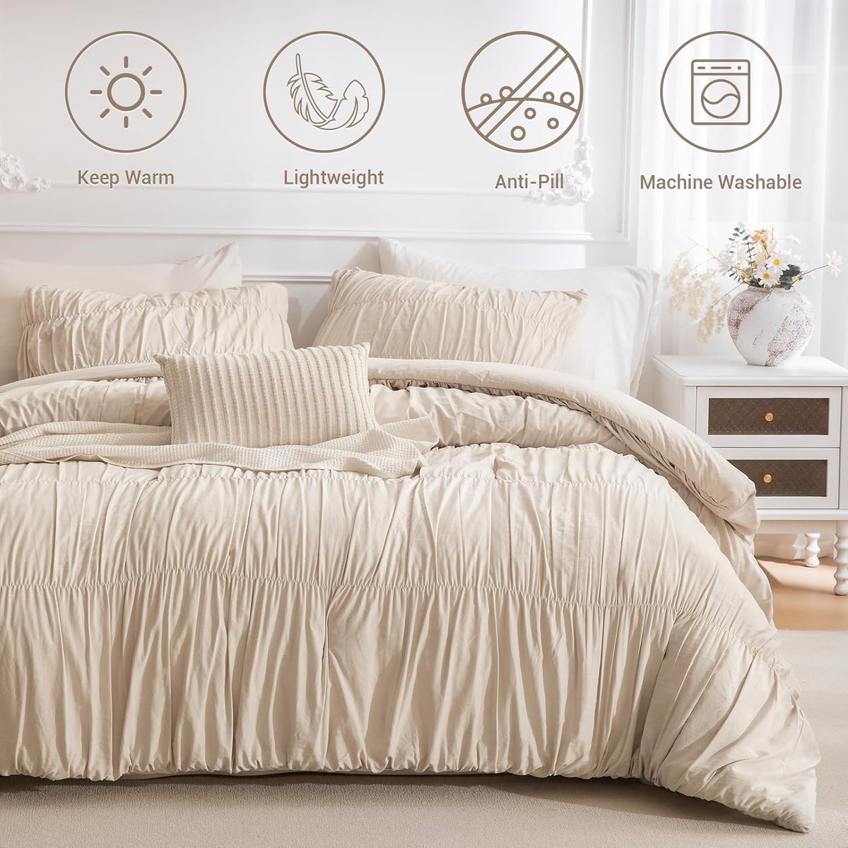 Lady Ann Oversized King Bed Comforter Set- Wheat Ruched Boho 128 x 120 Comforter Set for Bedroom, 3 Piece Fluffy Bedroom Set with Pillow Shams Soft All Season Bed Sets