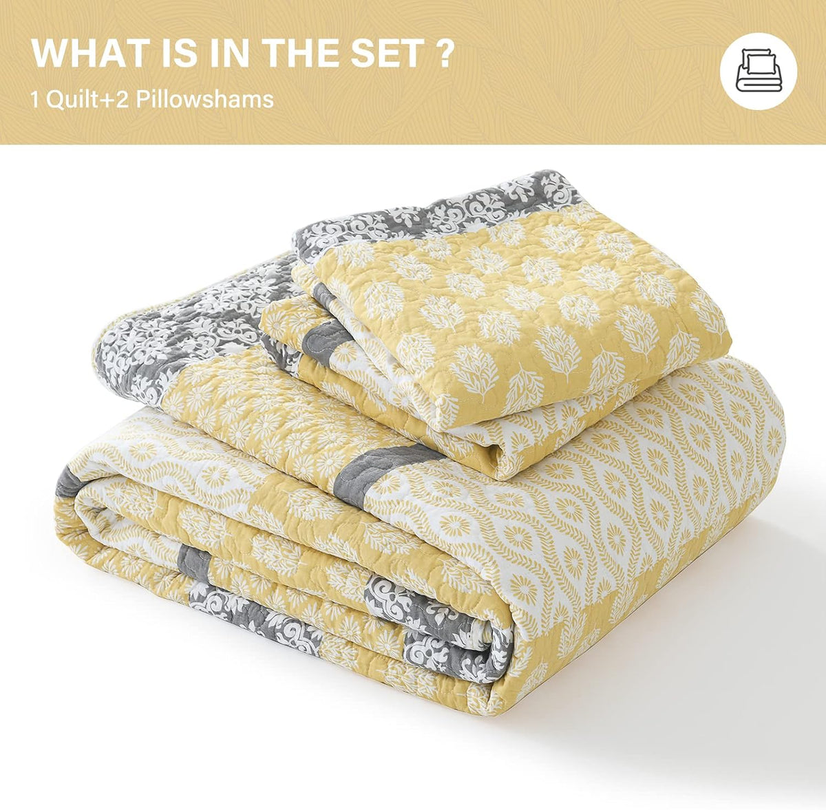 SahSahCasa Quilt King Size, King Quilt Set, 100% Cotton Floral Quilt, King Quilt Bedding Set Bedspreads, Patchwork Reversible Lightweight Comforter Bed Spread for All Season, Yellow/Gray, 3 Pieces