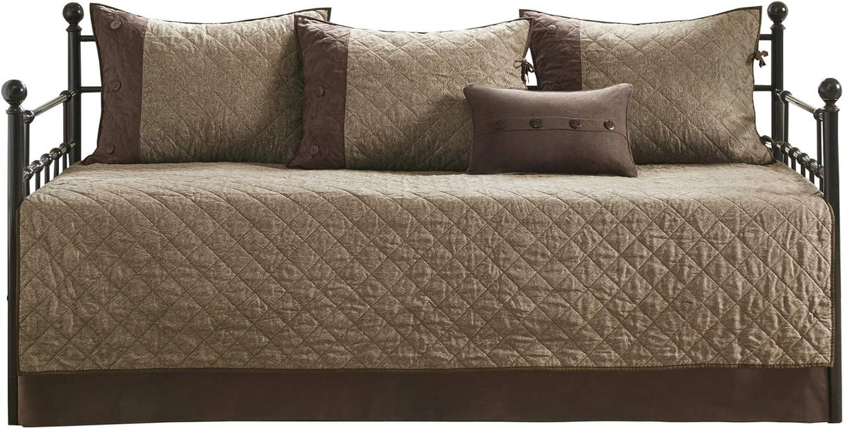 Madison Park Daybed Cover Set - Trendy Design, All Season Luxury Bedding with Bedskirt, Matching Shams, Decorative Pillow, Diamond Quilted Faux Suede Reversible Brown 75'x39' 6 Piece