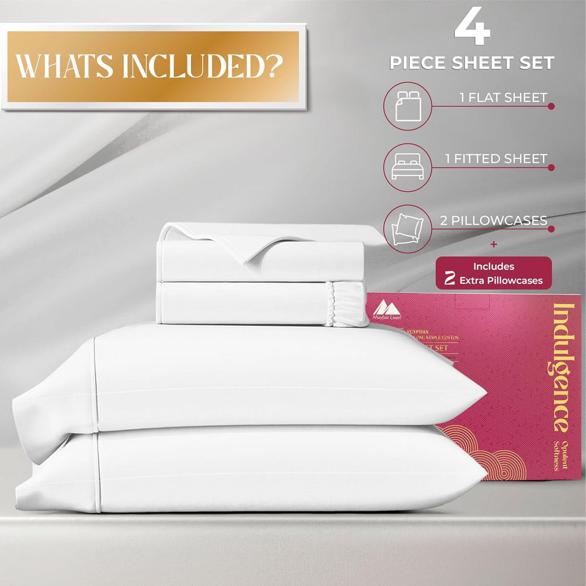 Mayfair Linen 100% Egyptian Cotton Queen Sheet Set - Luxury 1200 Series Egyptian Cotton Sheets Queen Size (4 PC, White), Silky Soft, Cooling & Breathable, 17' Deep Pocket Sateen Weave Hotel Bedding
