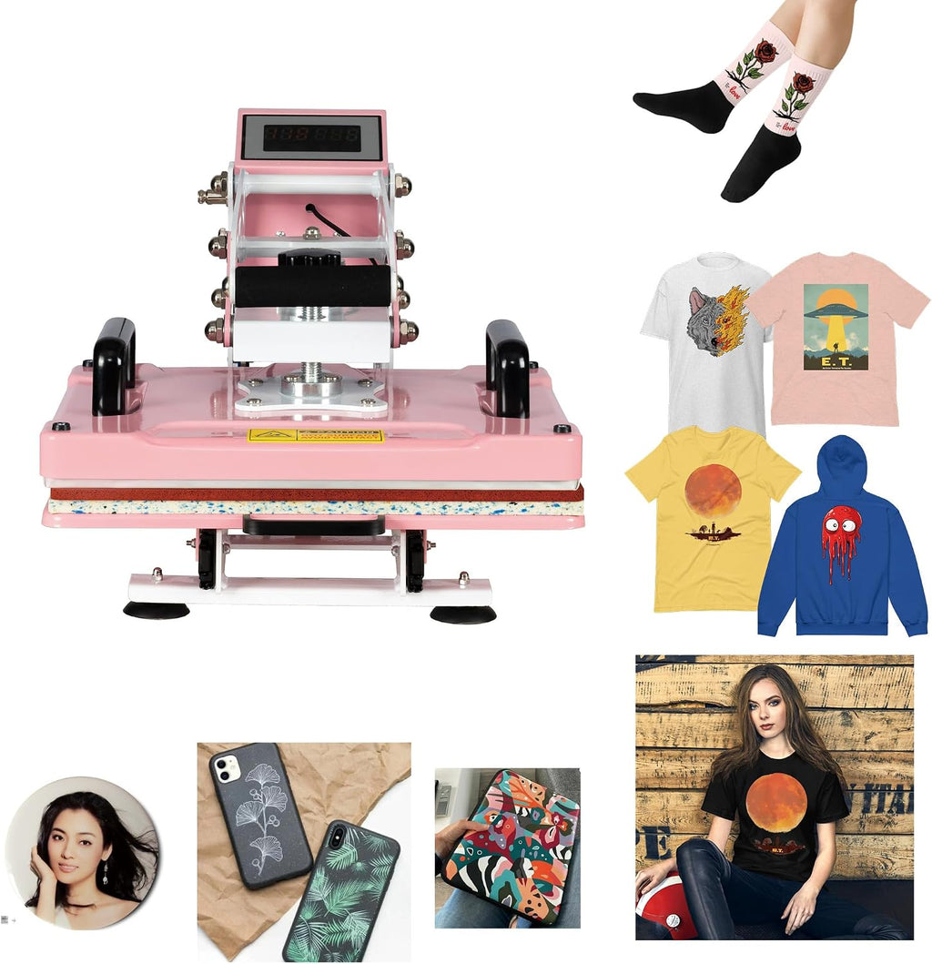 12' x 15' Semi-auto Heat Press Machine for T-Shirts, Auto Open & Slide-Out Base, Clamshell Style, Digital Sublimation Printer for Vinyl, DIY & Small Business (Pink, L12 * W15)