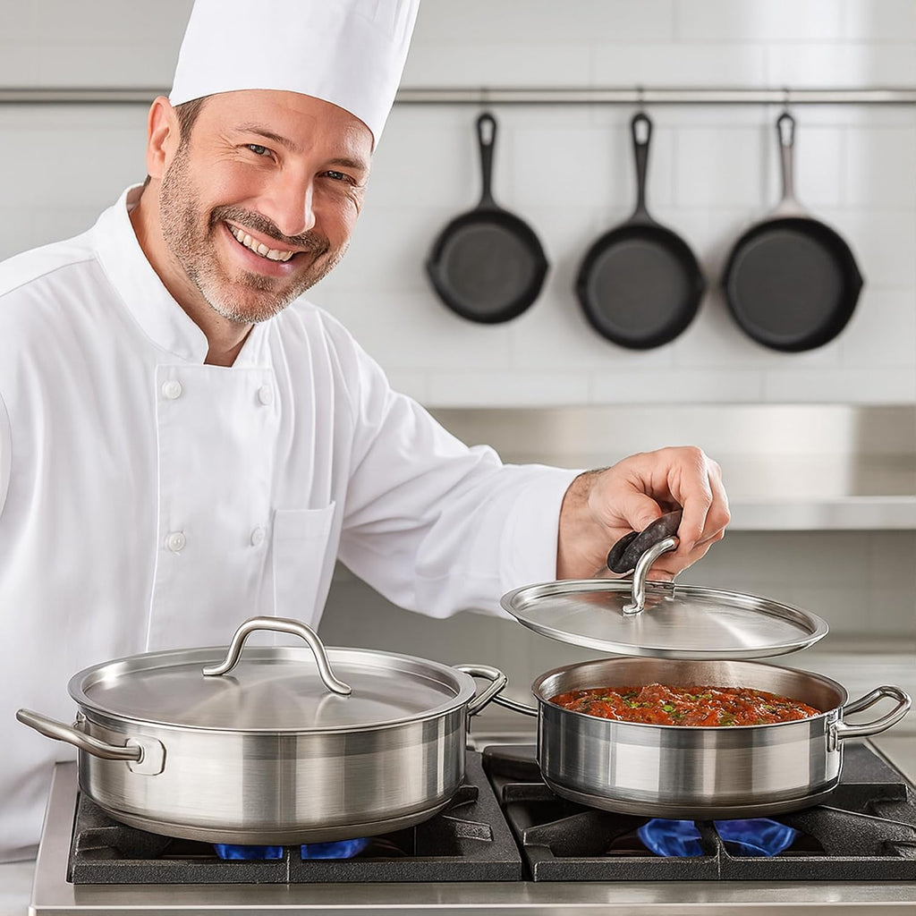 Stainless Steel Cookware Set With 3 Qt. Saucier, 3 Qt. Saute, And 9.5' Frying Pan, Stainless Pots And Pans For Kitchen Clad (5 Piece)