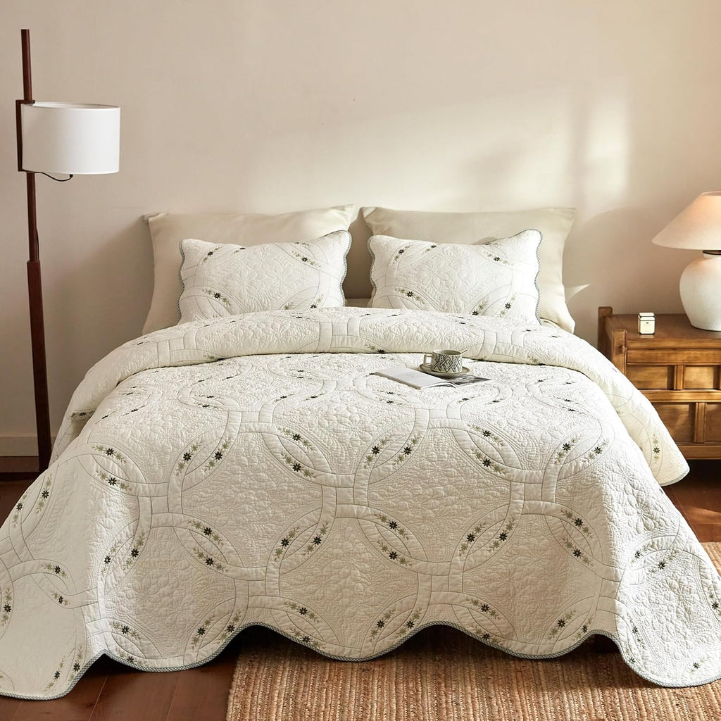 MarCielo 3Pcs Lightweight Cotton Quilt Bedspread Set – European Cottage Floral TC152
