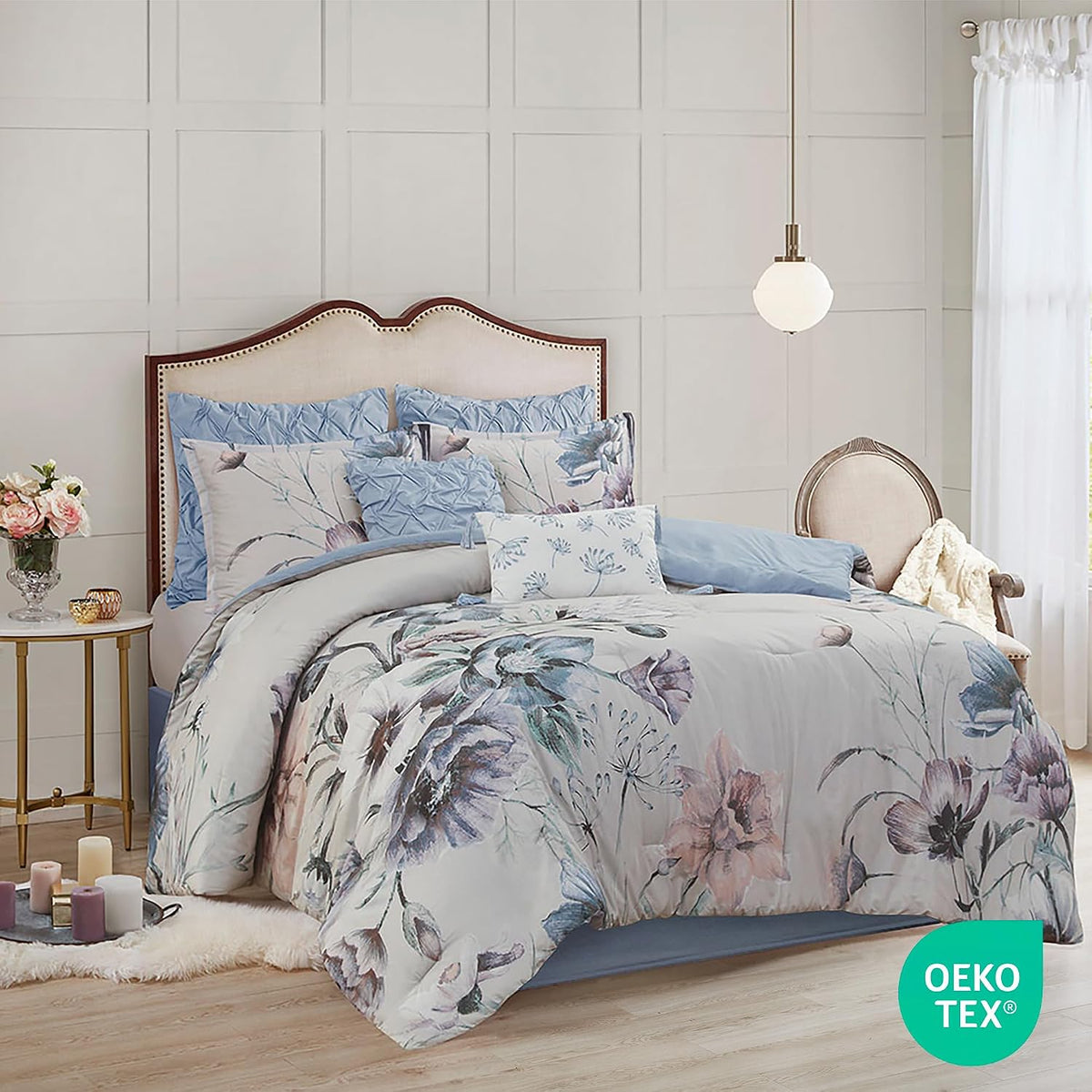 Madison Park Cassandra Cotton Blend Comforter Set - Feminine Design Colorful Floral Print, All Season Down Alternative Bedding Layer and Matching Shams, King (104 in x 92 in), Blue 8 Piece