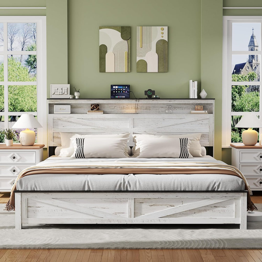 Farmhouse King Size Bed Frame with Headboard Storage Shelf, Wood Platform Bed Frame with LED Lights & Charging Station, Rustic White Metal Bed, No Box Spring Needed, Noise-Free Sturdy Structure