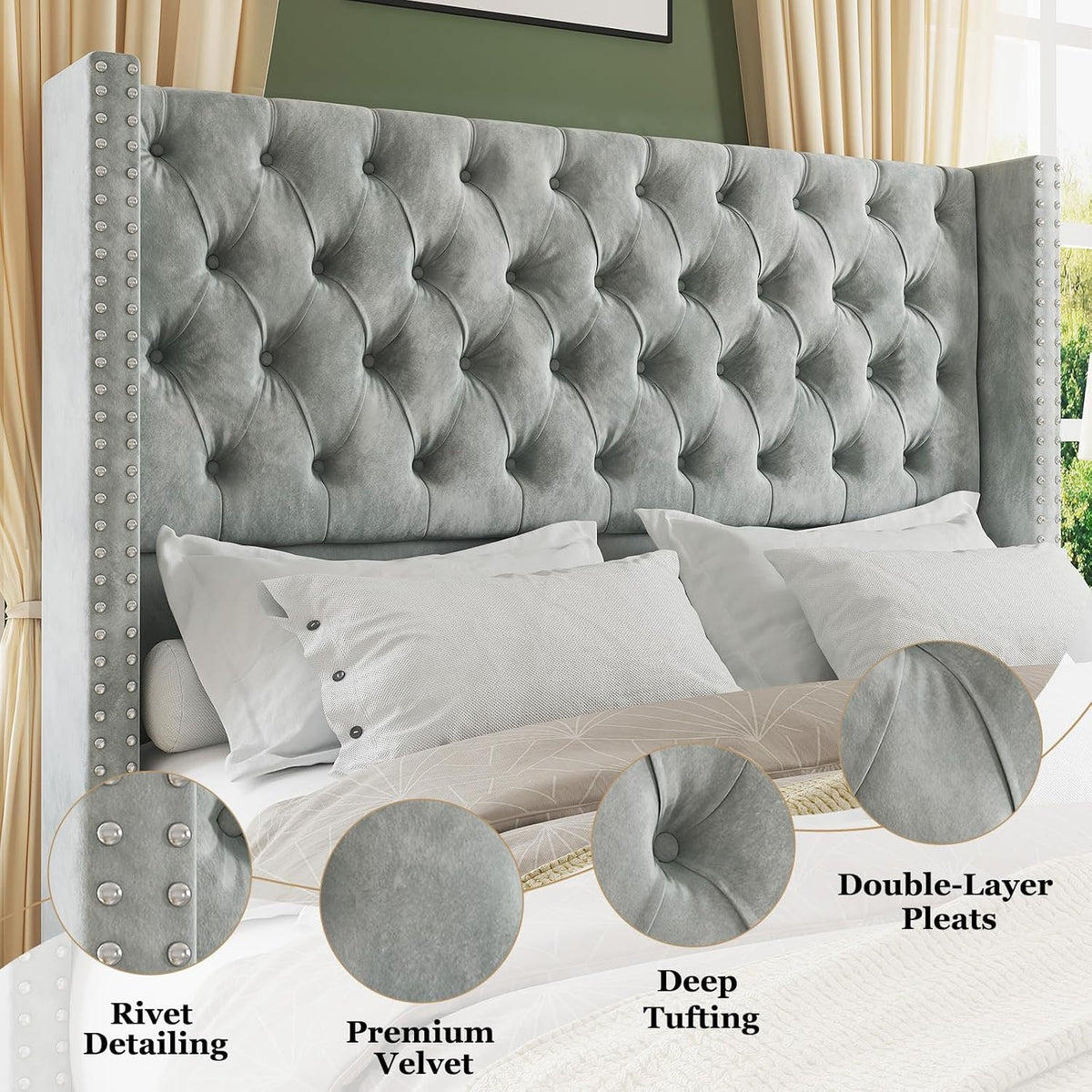 Jocisland Queen Size Bed Frame with 51.6' Wingback Tufted Velvet Headboard, Modern Upholstered Platform Bed, No Box Spring Needed, Easy Assembly, Light Grey
